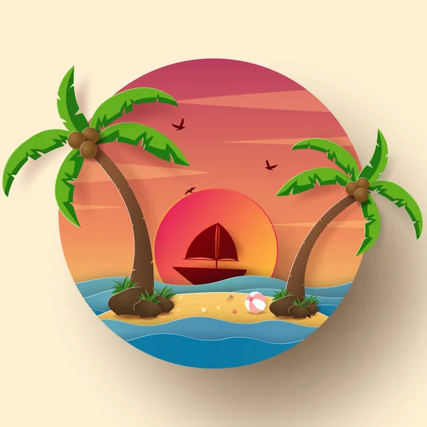 アイコンスタイルの折り紙アート夏の季節 島と夕日と海に船 — ストックベクタ