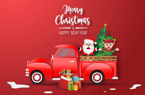 Origami Carta Arte Natale Camion Rosso Con Babbo Natale Elfo — Vettoriale Stock