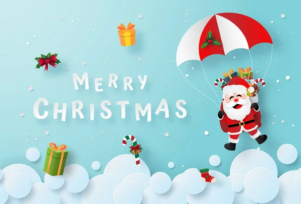 圣诞老人的折纸艺术使降落伞跳伞在天空 圣诞快乐和新年快乐 — 图库矢量图片