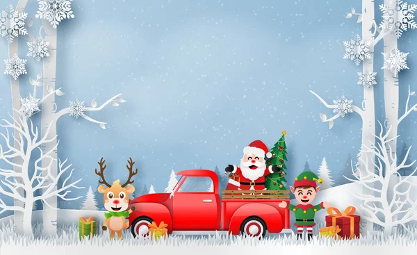 Noel Baba, Reindeer ve Elf, Mutlu Noeller ve Mutlu Yeni Yıl ile Noel kırmızı kamyon Origami kağıt sanat