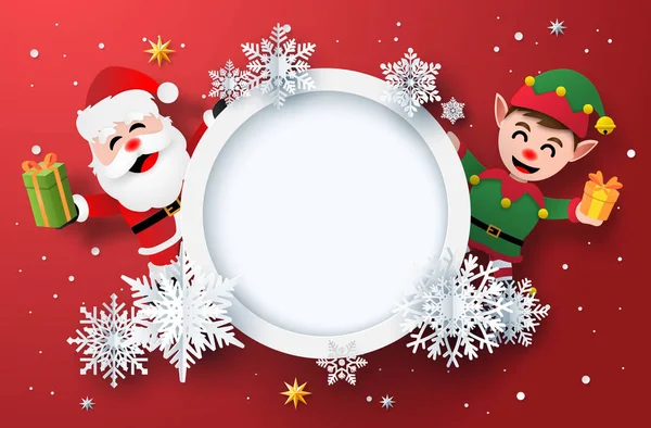 Бумажное Искусство Зимних Праздничных Открыток Санта Клаусом Эльфом Счастливого Рождества — стоковый вектор
