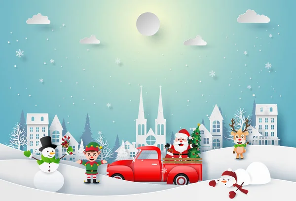 サンタクロースとクリスマスのキャラクターの折り紙アートは町 メリークリスマスとハッピーニューイヤーで祝う — ストックベクタ