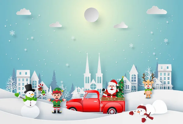 Noel Baba ve Noel karakterinin Origami kağıt sanatı kasabada kutlanıyor, Mutlu Noeller ve mutlu yıllar