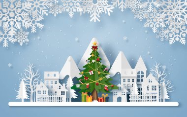 Origami kağıt sanatı dağlı köyde Noel ağacı, Mutlu Noeller ve mutlu yıllar