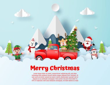 Origami kağıt sanatı, Noel partisinin kartpostalında kırmızı kamyon ve gökyüzünde Noel Baba, Mutlu Noeller ve mutlu yıllar.