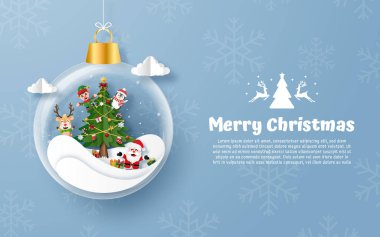 Origami kağıt sanatı, Noel Baba 'yla Noel partisinin Banner kartpostalı, Mutlu Noeller ve mutlu yıllar.