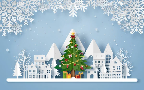 Origami kağıt sanatı dağlı köyde Noel ağacı, Mutlu Noeller ve mutlu yıllar
