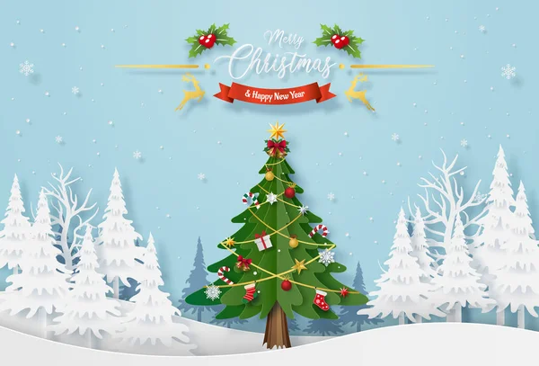 白雪覆盖的森林里装饰着圣诞树的奥里加米纸制艺术 圣诞快乐 新年快乐 — 图库矢量图片