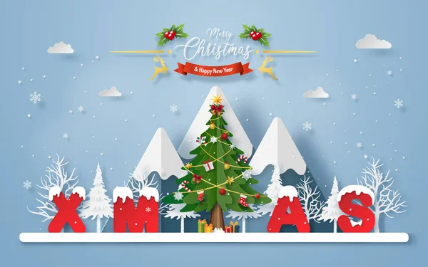 奥里加米的圣诞树纸艺 在山上写有圣诞字样 圣诞快乐 新年快乐 — 图库矢量图片