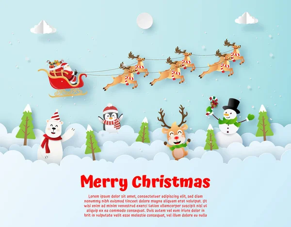 Оригами Стиль Бумаги Открытка Рождественская Вечеринка Санта Клаусом Небе Рождеством — стоковый вектор