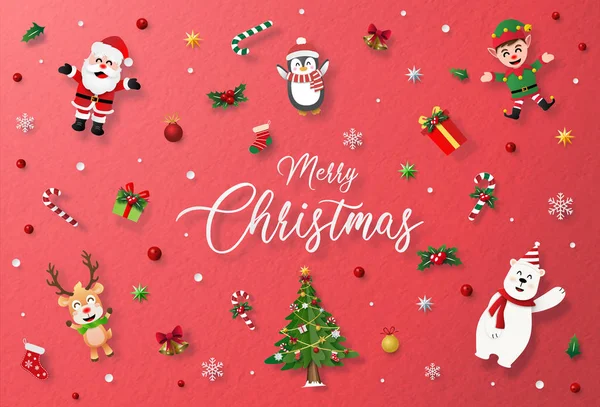 奥里加米纸制艺术风格 红色背景 圣诞特色和装饰 圣诞快乐和新年快乐 — 图库矢量图片