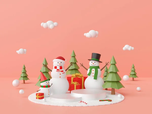 ピンクの背景に雪だるまとクリスマスツリーとクリスマスシーンの表彰台 3Dレンダリング — ストック写真