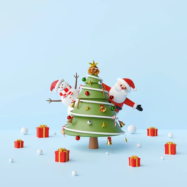 Mutlu Noeller, Noel Baba 'yla parti, kardan adam ve mavi arka planda Noel ağacı.