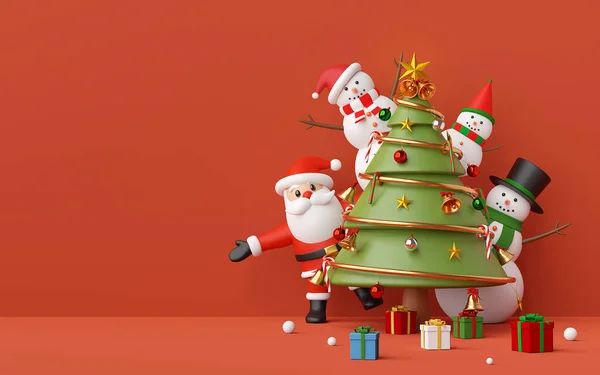 Mutlu Noeller ve mutlu yıllar, Noel Baba ve Kardan Adam Noel ağacıyla bir Noel partisinde, kırmızı fotokopi arkaplanındaki süsler, 3D görüntüleme