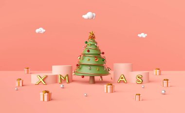 Mutlu Noeller ve mutlu yıllar, podyumda Noel ağacı XMAS balonu ve pembe arka planda Noel süsleri, 3D görüntüleme