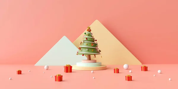 Mutlu Noeller ve mutlu yıllar, Noel ağacının kürsüde Noel sancağı pembe arka planda hediyeler kutusuyla, 3D