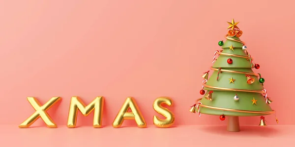 Weihnachtsbanner Hintergrund Weihnachtsbaum Mit Goldenem Xmas Ballon Auf Rosa Hintergrund — Stockfoto