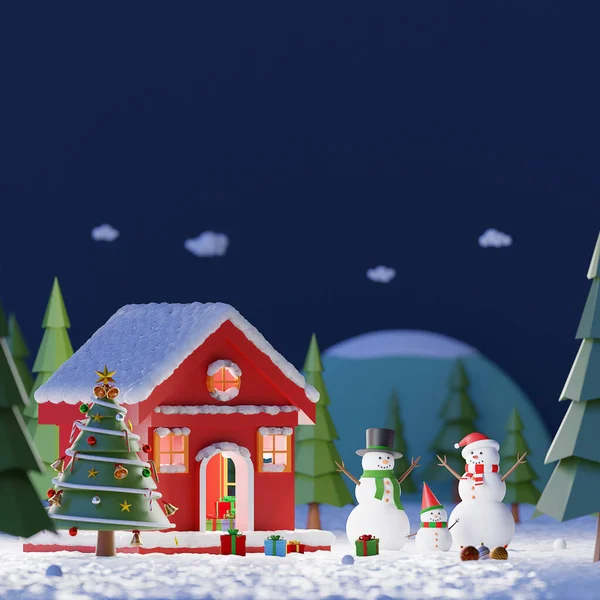 メリークリスマスとハッピーニューイヤー 真夜中に松林の中に赤い家の外で雪を再生雪だるまの風景 スペースをコピー 3Dレンダリング — ストック写真