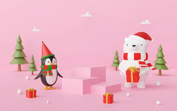 Merry Christmas Happy New Year Scene Christmas Podium Bear Penguin — 스톡 사진