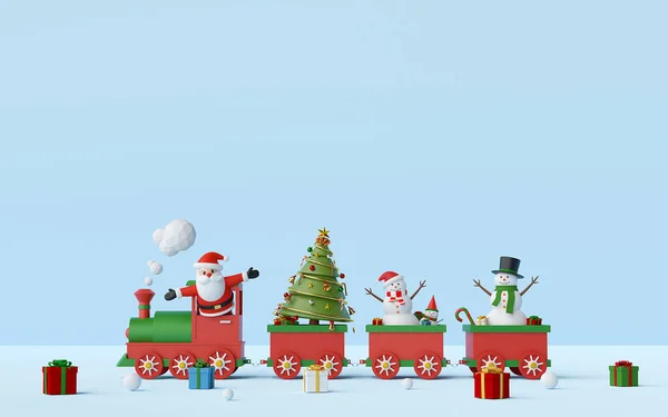 メリークリスマスとハッピーニューイヤー サンタクロースと雪だるまクリスマスの電車の中でコピースペース 3Dレンダリングと青の背景に贈り物 — ストック写真