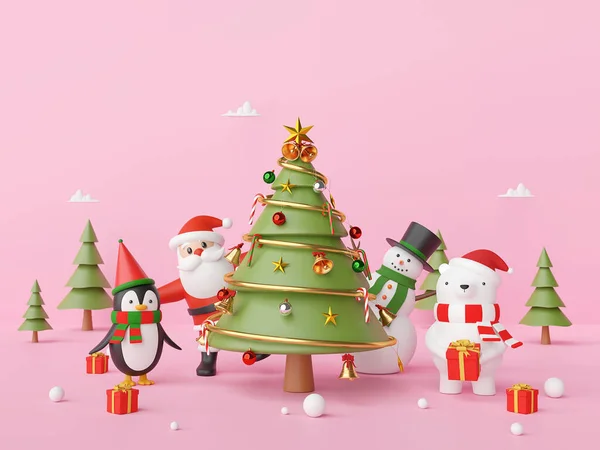 メリークリスマスとハッピーニューイヤー サンタクロースとピンクの背景の友人とのパーティークリスマス 3Dレンダリング — ストック写真