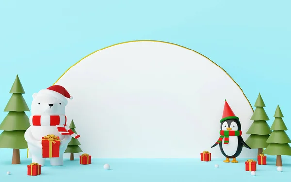 メリークリスマスとハッピーニューイヤー 青の背景に白い空白のスペースを持つクリスマスキャラクタークマとペンギンのシーン 3Dレンダリング — ストック写真