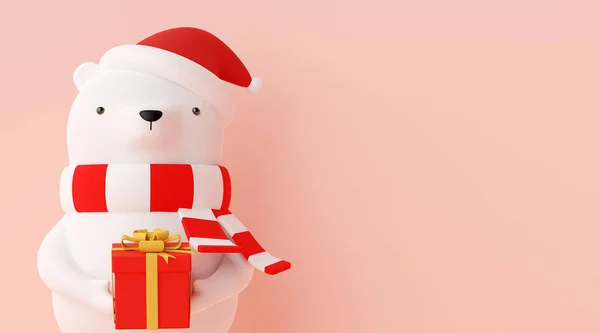 メリークリスマスとハッピーニューイヤー クリスマスキャラクターのバナーは赤い帽子をかぶってピンクの背景にクリスマスの贈り物を保持し 3Dレンダリング — ストック写真