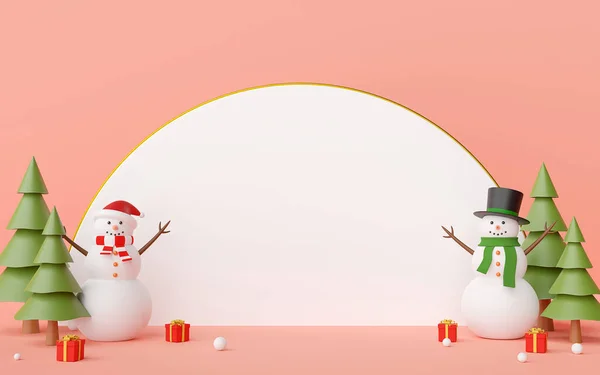 メリークリスマスとハッピーニューイヤー 青い背景に白い空白のスペースを持つ雪だるまとクリスマスの贈り物のシーン 3Dレンダリング — ストック写真