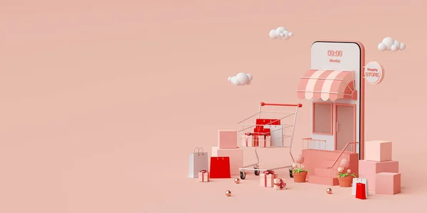 Dijital pazarlama konsepti, Mobil uygulama alışverişi, Web pankartı arkaplanı, 3d görüntüleme