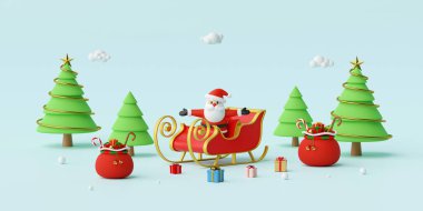 Mutlu Noeller ve mutlu yıllar, Noel Baba 'nın Noel hediyeleri ve 3D sunumu.