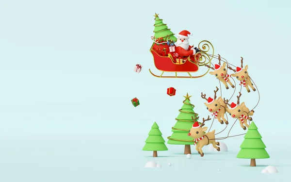 圣诞老人坐着装满圣诞礼物的雪橇 被蓝色背景的驯鹿拉着的场景 3D渲染 — 图库照片