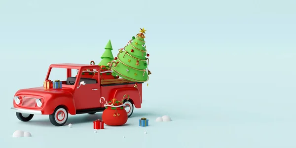 Mutlu Noeller ve mutlu yıllar, Noel hediyeleriyle dolu Noel kamyonu ve kamyonun arkasında Noel ağacı, 3D