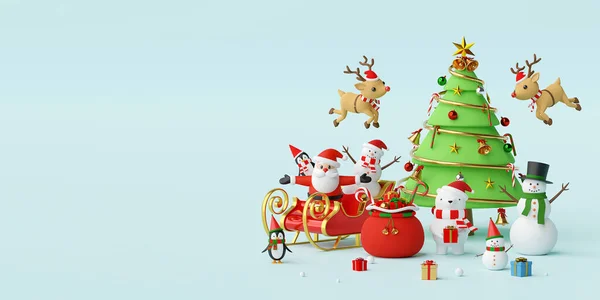 Vrolijk Kerstfeest Gelukkig Nieuwjaar Kersttafereel Met Kerstman Vrienden Weergave — Stockfoto