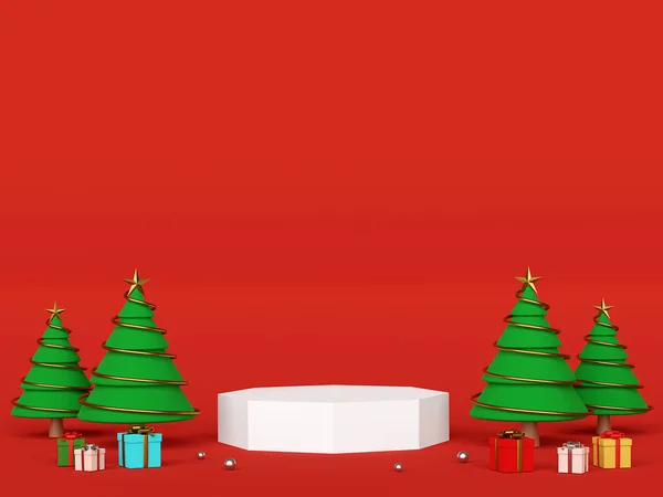 Scène Van Podium Met Kerstboom Voor Product Reclame Rendering — Stockfoto