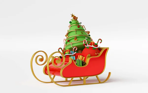 Escena Trineo Llena Regalos Navidad Árbol Navidad Rendering — Foto de Stock