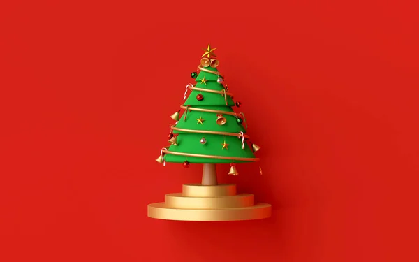 Buon Natale Felice Anno Nuovo Albero Natale Sfondo Rosso Rendering — Foto Stock