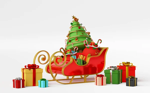 Σκηνή Του Έλκηθρου Γεμάτη Χριστουγεννιάτικα Δώρα Και Χριστουγεννιάτικο Δέντρο Απόδοση — Φωτογραφία Αρχείου
