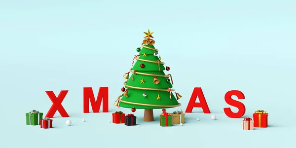 Vrolijk Kerstfeest Gelukkig Nieuwjaar Kerstboom Met Letters Xmas Weergave — Stockfoto