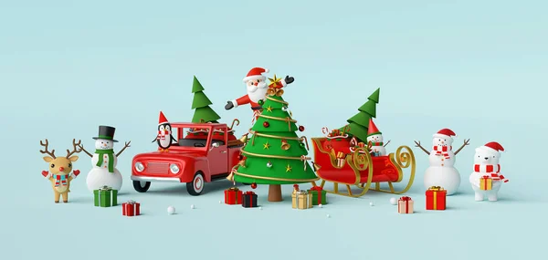 メリークリスマスとハッピーニューイヤー サンタクロースや友人とクリスマスのお祝いのシーン 3Dレンダリング — ストック写真