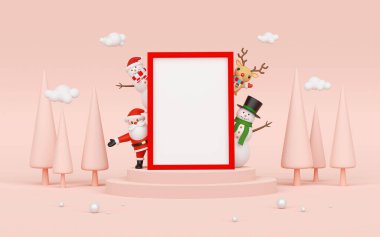 Mutlu Noeller ve mutlu yıllar, Noel Baba ve içerik için boş çerçeveli arkadaşlar, 3D sunum