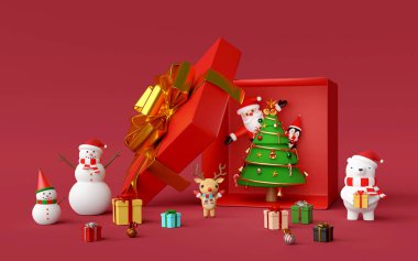 Mutlu Noeller ve mutlu yıllar, Noel süslemeli Noel ağacı, Noel Baba ve arkadaşıyla kutlama, 3D