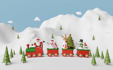 Mutlu Noeller ve mutlu yıllar, Noel Baba ve arkadaşıyla Noel treninin sahnesi, 3D