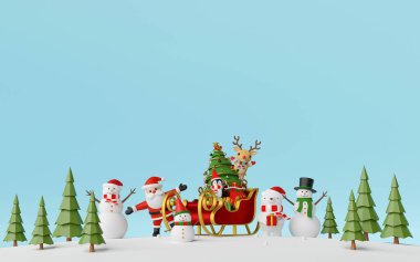 Mutlu Noeller ve mutlu yıllar, Noel Baba ve çam ormanlarında hediyelerle dolu kızağı olan arkadaşlar.