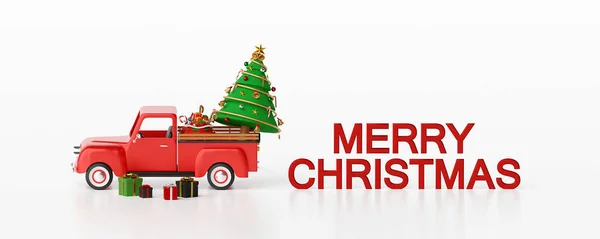 クリスマストラックのクリスマスバナーの背景とテキストとギフトメリークリスマス 3Dレンダリング — ストック写真