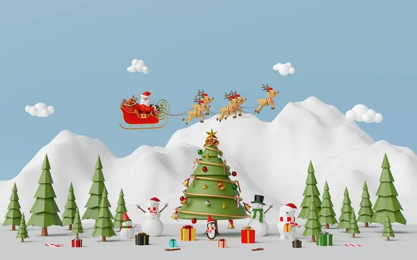 Mutlu Noeller ve mutlu yıllar, Noel Baba ve arkadaşıyla birlikte kar dağında kutlanan Noel Sahnesi, 3D