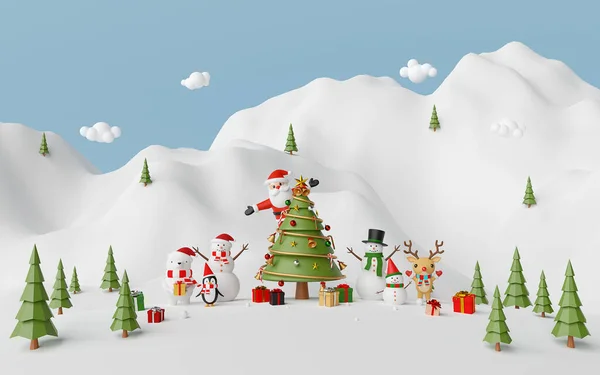 Mutlu Noeller ve mutlu yıllar, Noel Baba ve arkadaşıyla kar dağında Noel kutlaması, 3D