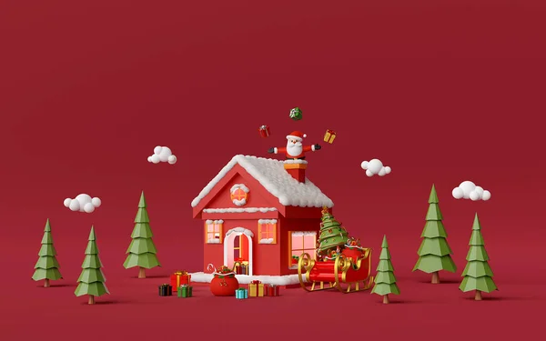 Feliz Navidad Feliz Año Nuevo Casa Roja Bosque Pinos Con — Foto de Stock