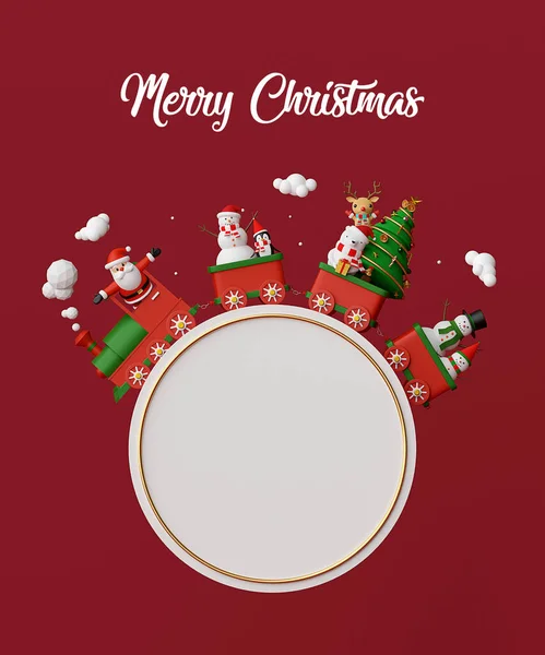 Счастливого Рождества Нового Года Санта Клаус Друзья Рождественском Поезде Рендеринг — стоковое фото