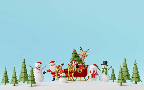 Mutlu Noeller ve mutlu yıllar, Noel Baba ve çam ormanlarında hediyelerle dolu kızağı olan arkadaşlar.