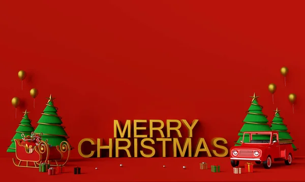 メリークリスマスとハッピーニューイヤー クリスマスのトラックのシーンは コピースペースでクリスマスプレゼントやそりでいっぱい 3Dレンダリング — ストック写真
